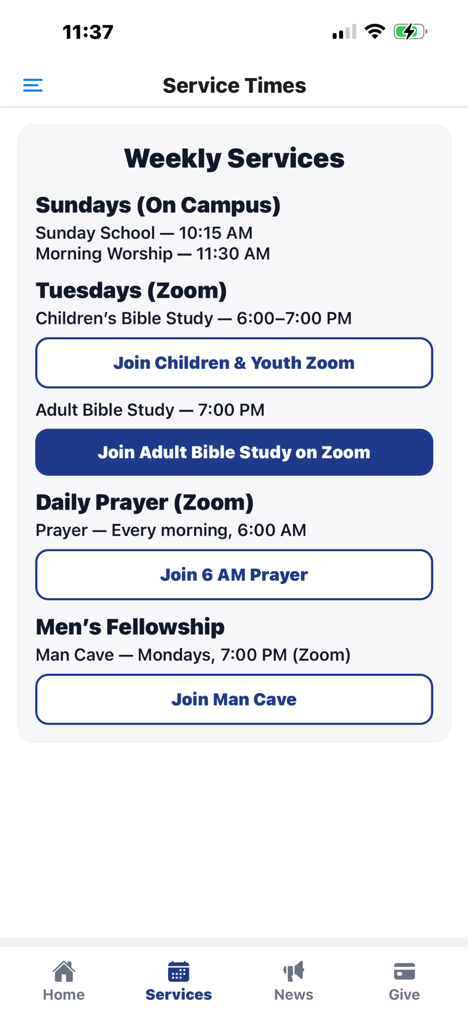 Service times screen