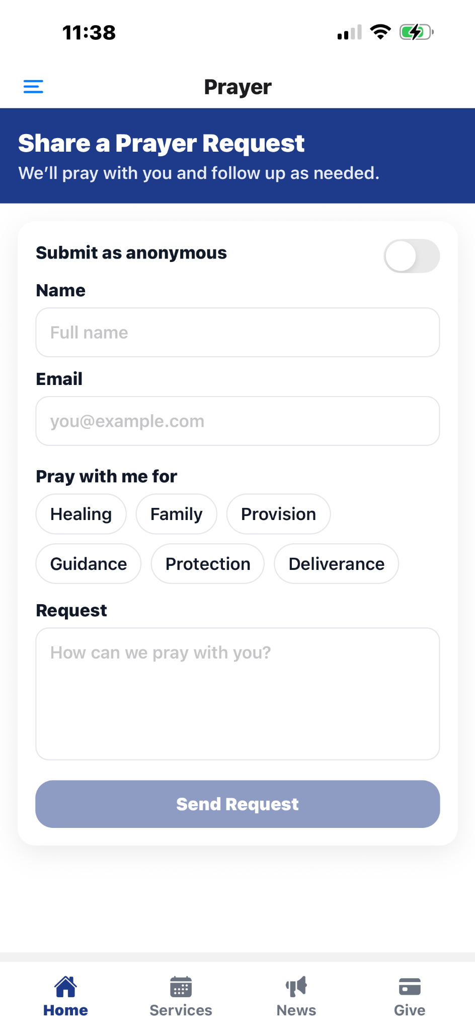 Prayer request screen