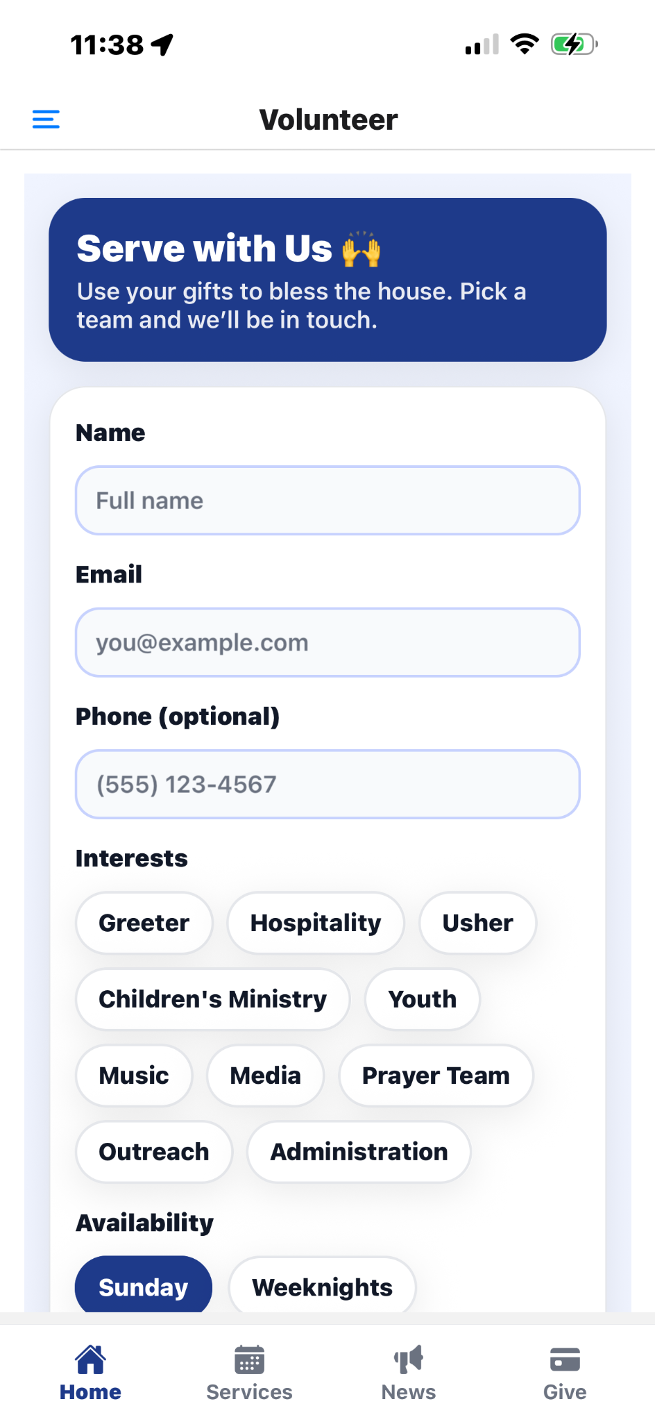 Volunteer interest screen