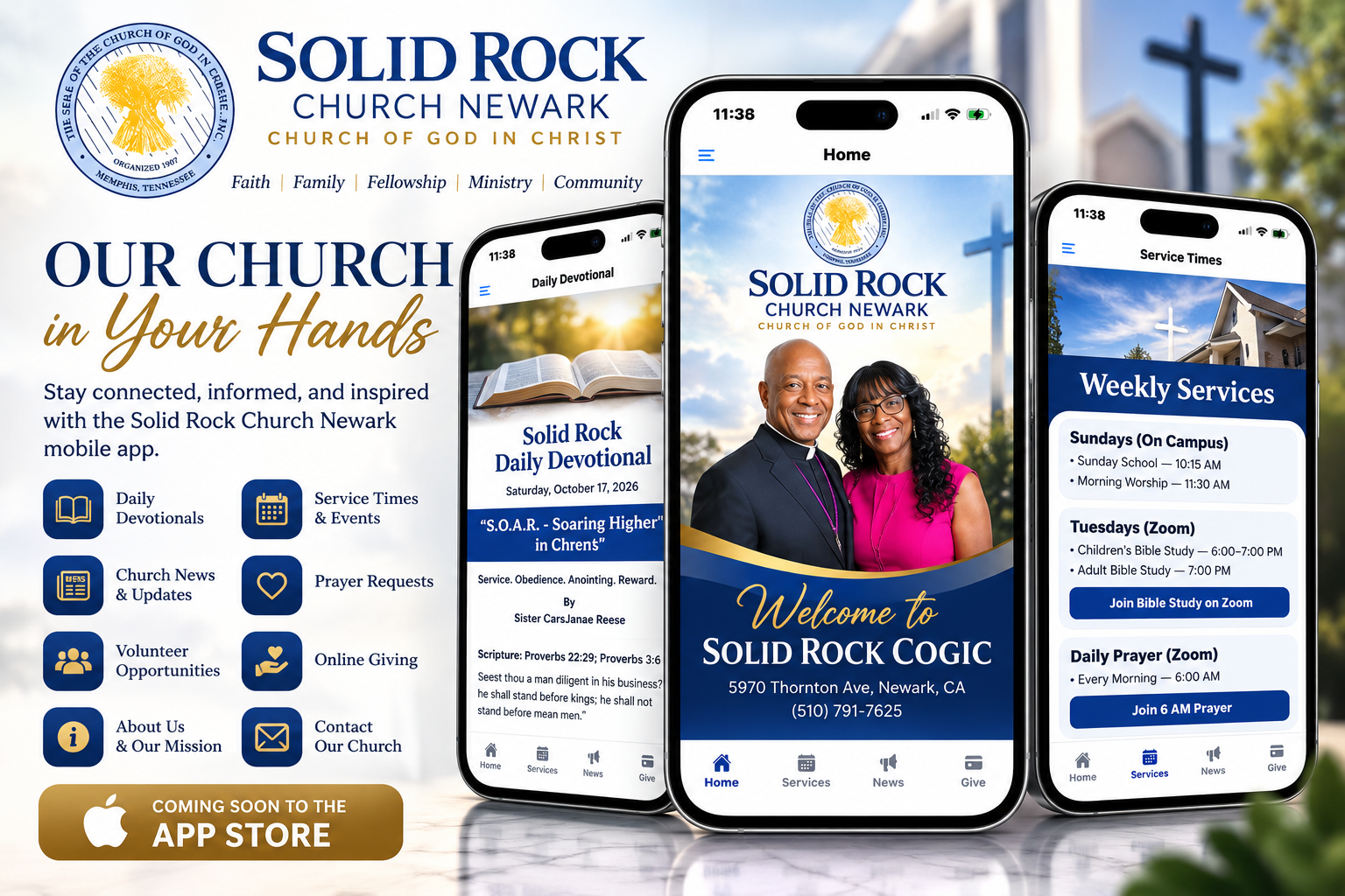 Promotional concept showing three mobile app screens