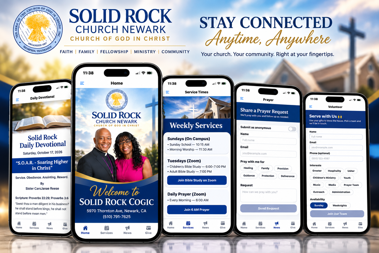 Illustrative portfolio collage of five Solid Rock app screens